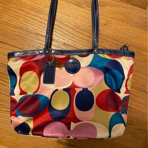 Coach Satin Multicolor Signature Tote in Navy, Red, Pink, Blue & Cream